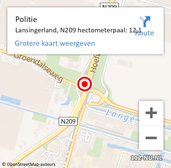 Locatie op kaart van de 112 melding: Politie Lansingerland, N209 hectometerpaal: 12,1 op 20 november 2023 08:10