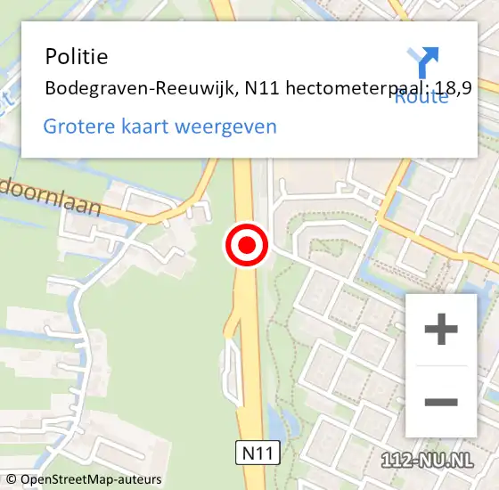 Locatie op kaart van de 112 melding: Politie Bodegraven-Reeuwijk, N11 hectometerpaal: 18,9 op 20 november 2023 08:37