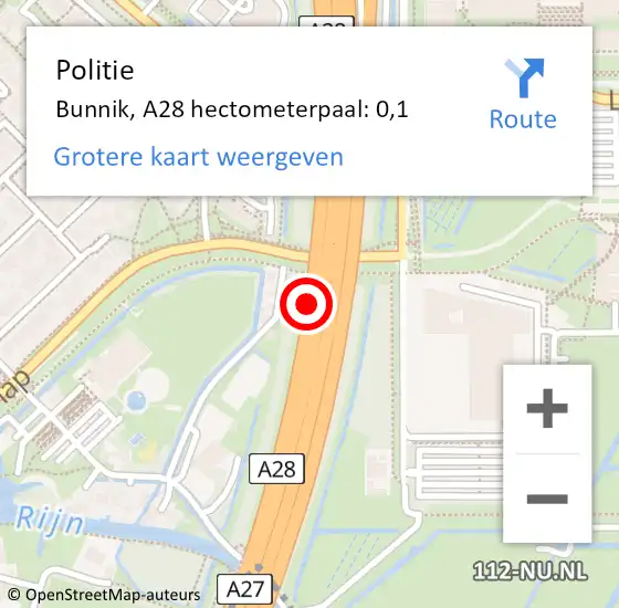 Locatie op kaart van de 112 melding: Politie Bunnik, A28 hectometerpaal: 0,1 op 20 november 2023 10:01
