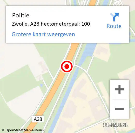 Locatie op kaart van de 112 melding: Politie Zwolle, A28 hectometerpaal: 100 op 20 november 2023 10:01