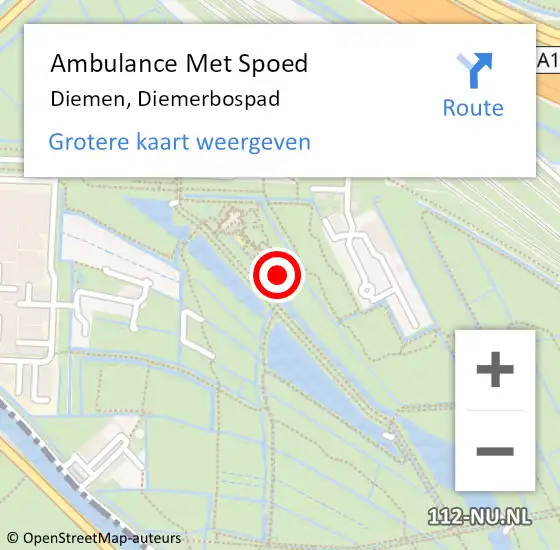 Locatie op kaart van de 112 melding: Ambulance Met Spoed Naar Diemen, Diemerbospad op 20 november 2023 12:21