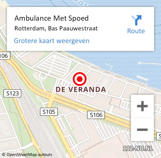 Locatie op kaart van de 112 melding: Ambulance Met Spoed Naar Rotterdam, Bas Paauwestraat op 20 november 2023 13:03