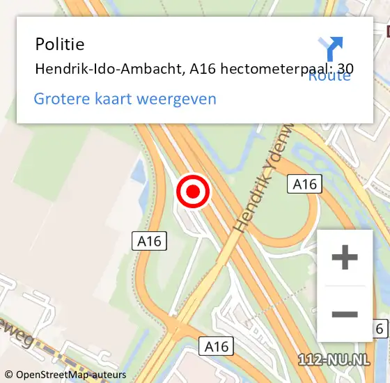 Locatie op kaart van de 112 melding: Politie Hendrik-Ido-Ambacht, A16 hectometerpaal: 30 op 20 november 2023 19:28