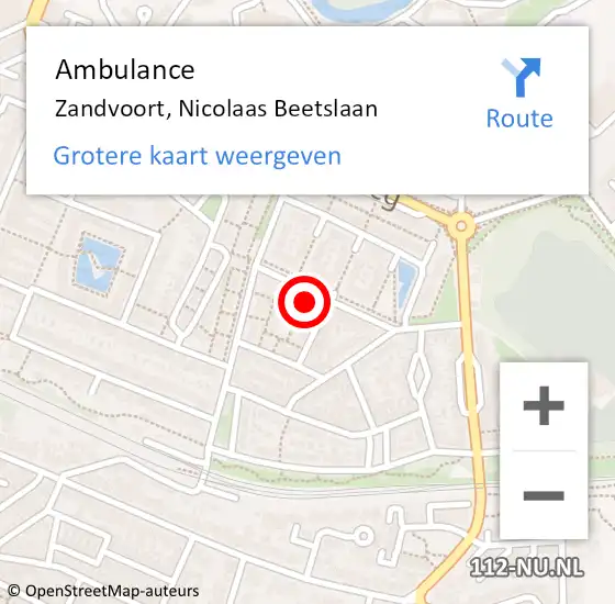 Locatie op kaart van de 112 melding: Ambulance Zandvoort, Nicolaas Beetslaan op 20 november 2023 21:54