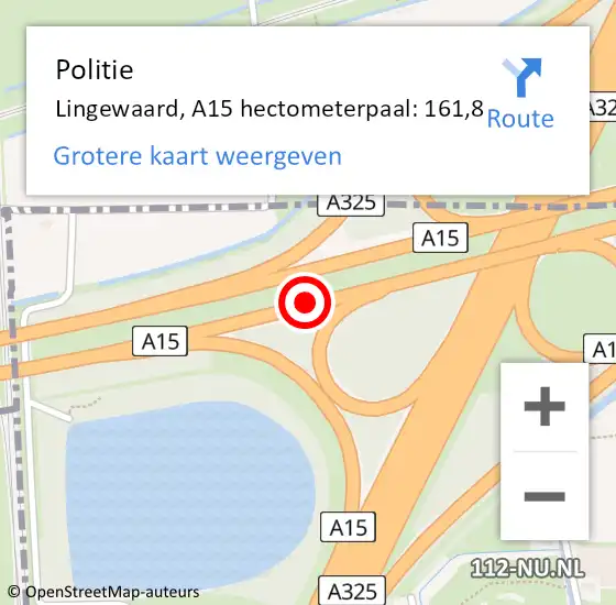 Locatie op kaart van de 112 melding: Politie Lingewaard, A15 hectometerpaal: 161,8 op 20 november 2023 22:47