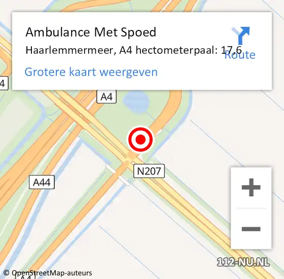 Locatie op kaart van de 112 melding: Ambulance Met Spoed Naar Haarlemmermeer, A4 hectometerpaal: 17,6 op 21 november 2023 02:25