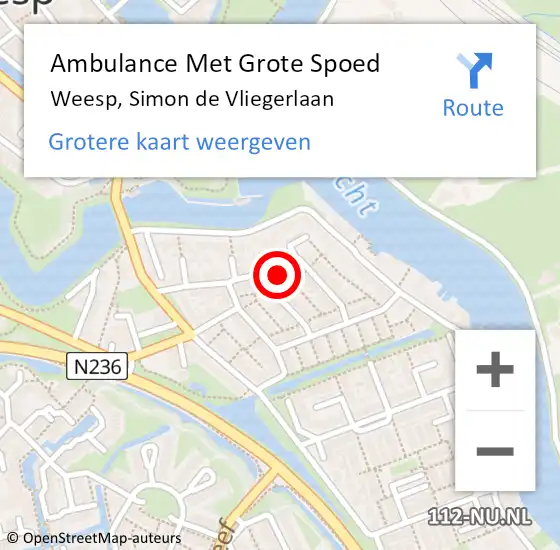 Locatie op kaart van de 112 melding: Ambulance Met Grote Spoed Naar Weesp, Simon de Vliegerlaan op 21 november 2023 06:46