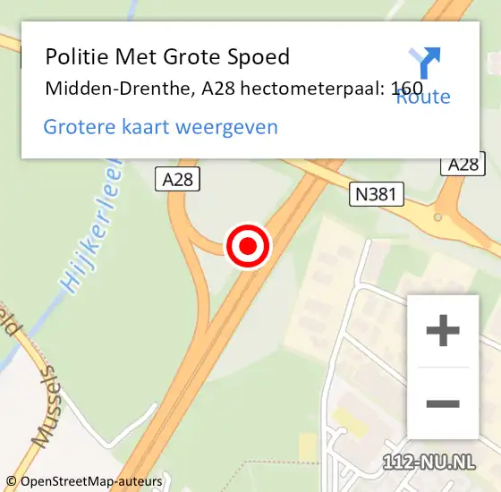 Locatie op kaart van de 112 melding: Politie Met Grote Spoed Naar Midden-Drenthe, A28 hectometerpaal: 160 op 21 november 2023 07:18