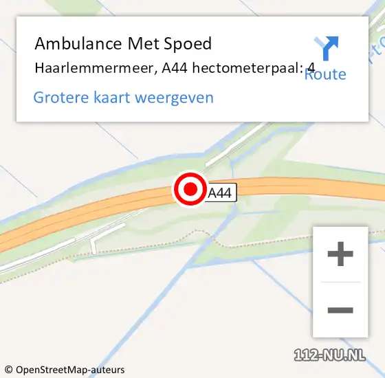 Locatie op kaart van de 112 melding: Ambulance Met Spoed Naar Haarlemmermeer, A44 hectometerpaal: 4 op 21 november 2023 07:28