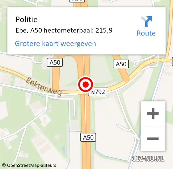 Locatie op kaart van de 112 melding: Politie Epe, A50 hectometerpaal: 215,9 op 21 november 2023 07:33