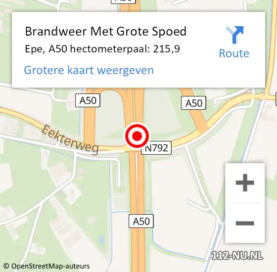 Locatie op kaart van de 112 melding: Brandweer Met Grote Spoed Naar Epe, A50 hectometerpaal: 215,9 op 21 november 2023 07:34