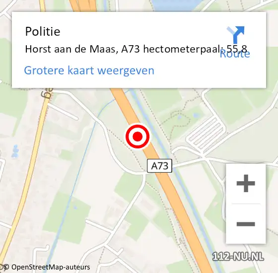Locatie op kaart van de 112 melding: Politie Horst aan de Maas, A73 hectometerpaal: 55,8 op 21 november 2023 07:57