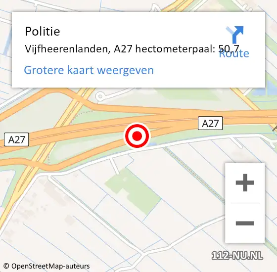 Locatie op kaart van de 112 melding: Politie Vijfheerenlanden, A27 hectometerpaal: 50,7 op 21 november 2023 08:23
