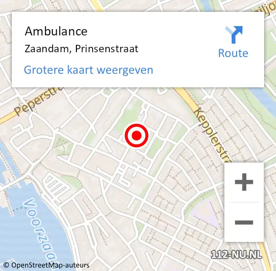 Locatie op kaart van de 112 melding: Ambulance Zaandam, Prinsenstraat op 21 november 2023 13:54
