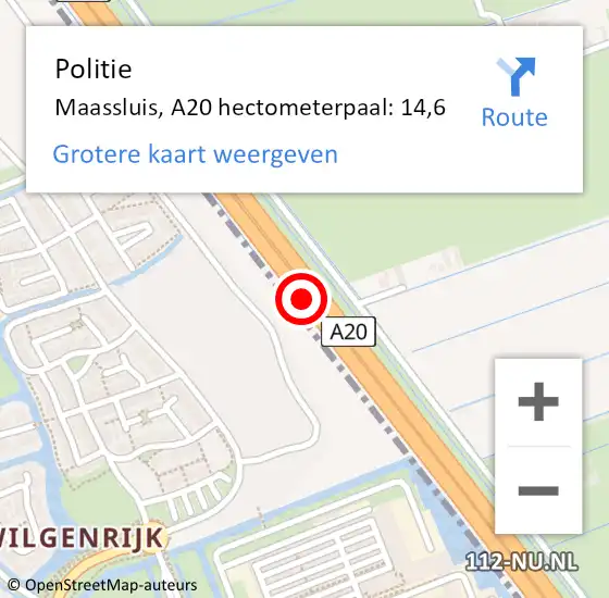 Locatie op kaart van de 112 melding: Politie Maassluis, A20 hectometerpaal: 14,6 op 21 november 2023 16:38