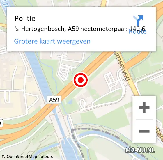 Locatie op kaart van de 112 melding: Politie 's-Hertogenbosch, A59 hectometerpaal: 140,6 op 21 november 2023 16:47