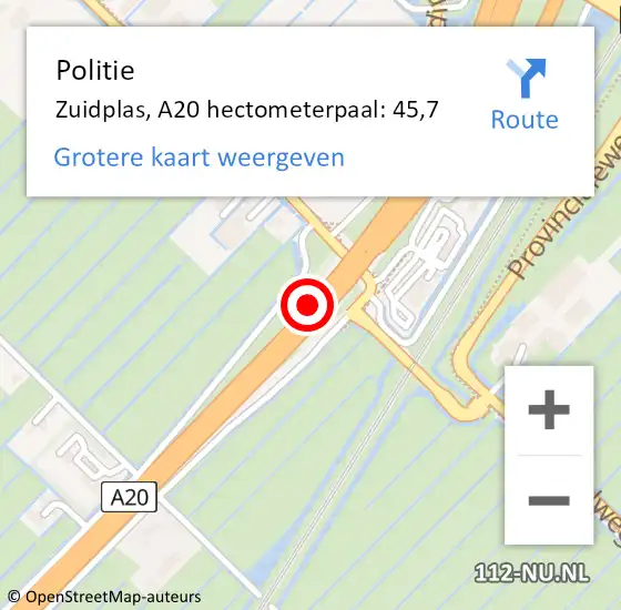 Locatie op kaart van de 112 melding: Politie Zuidplas, A20 hectometerpaal: 45,7 op 21 november 2023 17:55