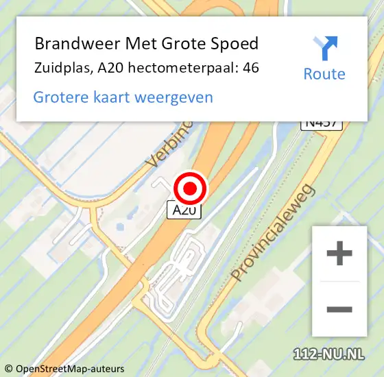 Locatie op kaart van de 112 melding: Brandweer Met Grote Spoed Naar Zuidplas, A20 hectometerpaal: 46 op 21 november 2023 17:58