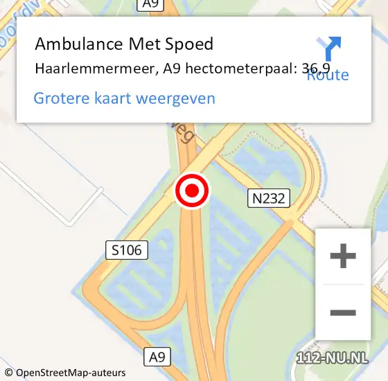 Locatie op kaart van de 112 melding: Ambulance Met Spoed Naar Haarlemmermeer, A9 hectometerpaal: 36,9 op 21 november 2023 18:24