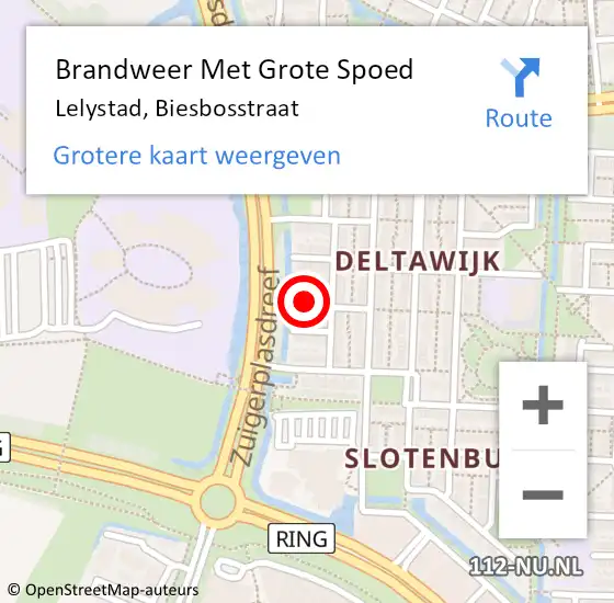 Locatie op kaart van de 112 melding: Brandweer Met Grote Spoed Naar Lelystad, Biesbosstraat op 21 november 2023 18:27