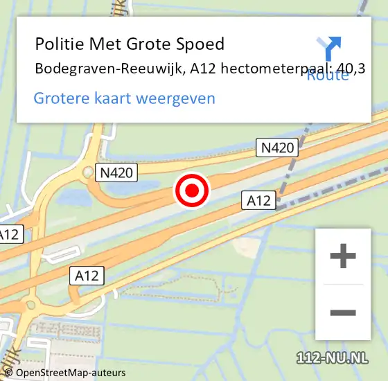 Locatie op kaart van de 112 melding: Politie Met Grote Spoed Naar Bodegraven-Reeuwijk, A12 hectometerpaal: 40,3 op 22 november 2023 05:19