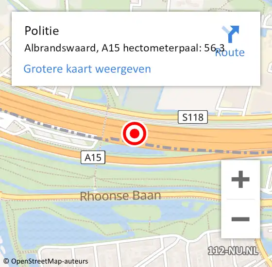 Locatie op kaart van de 112 melding: Politie Albrandswaard, A15 hectometerpaal: 56,3 op 22 november 2023 06:53