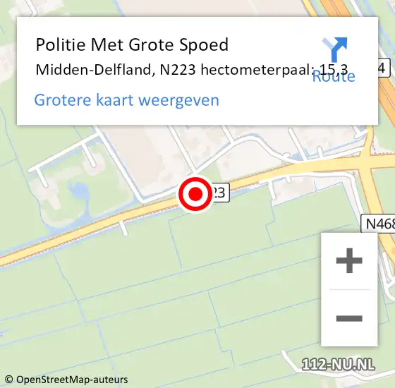 Locatie op kaart van de 112 melding: Politie Met Grote Spoed Naar Midden-Delfland, N223 hectometerpaal: 15,3 op 22 november 2023 07:33