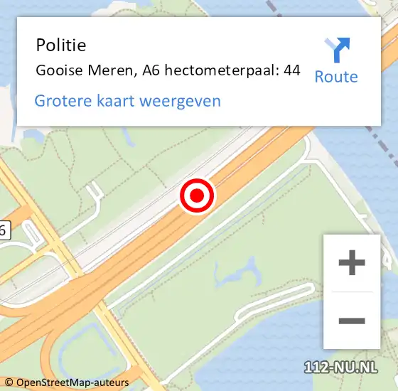Locatie op kaart van de 112 melding: Politie Gooise Meren, A6 hectometerpaal: 44 op 22 november 2023 07:52