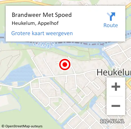 Locatie op kaart van de 112 melding: Brandweer Met Spoed Naar Heukelum, Appelhof op 22 november 2023 08:38