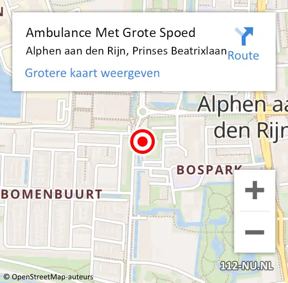 Locatie op kaart van de 112 melding: Ambulance Met Grote Spoed Naar Alphen aan den Rijn, Prinses Beatrixlaan op 22 november 2023 10:47