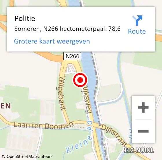 Locatie op kaart van de 112 melding: Politie Someren, N266 hectometerpaal: 78,6 op 22 november 2023 12:03