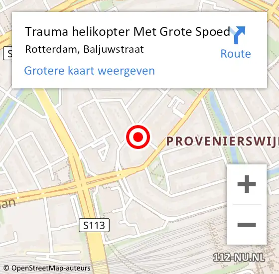 Locatie op kaart van de 112 melding: Trauma helikopter Met Grote Spoed Naar Rotterdam, Baljuwstraat op 22 november 2023 12:53