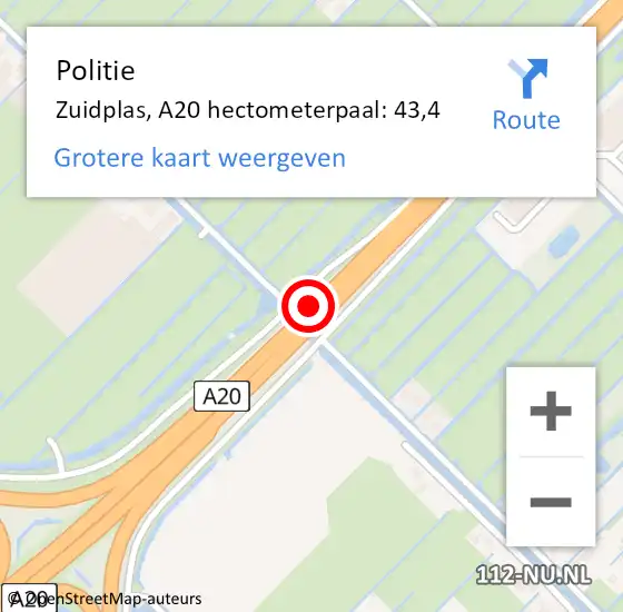 Locatie op kaart van de 112 melding: Politie Zuidplas, A20 hectometerpaal: 43,4 op 22 november 2023 13:04