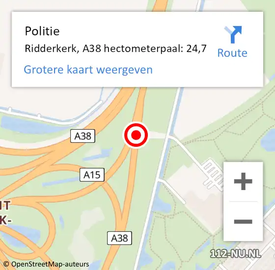 Locatie op kaart van de 112 melding: Politie Ridderkerk, A38 hectometerpaal: 24,7 op 22 november 2023 13:37