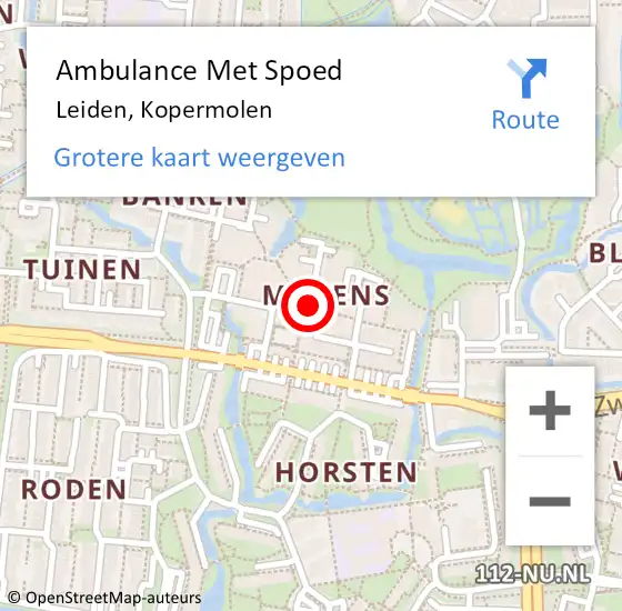 Locatie op kaart van de 112 melding: Ambulance Met Spoed Naar Leiden, Kopermolen op 22 november 2023 14:21