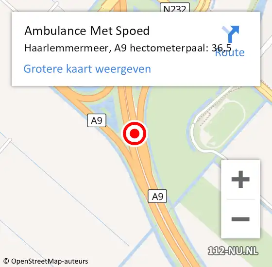 Locatie op kaart van de 112 melding: Ambulance Met Spoed Naar Haarlemmermeer, A9 hectometerpaal: 36,5 op 22 november 2023 15:17