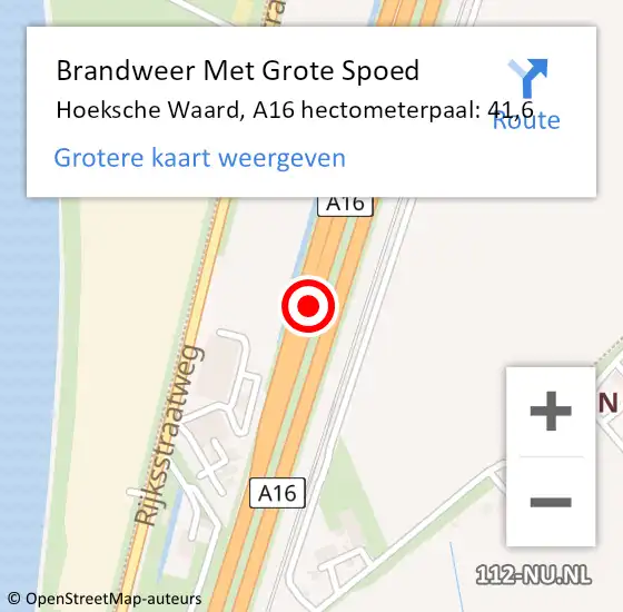 Locatie op kaart van de 112 melding: Brandweer Met Grote Spoed Naar Hoeksche Waard, A16 hectometerpaal: 41,6 op 22 november 2023 15:59