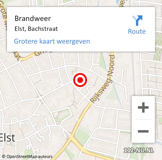 Locatie op kaart van de 112 melding: Brandweer Elst, Bachstraat op 22 november 2023 16:29