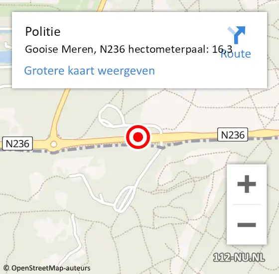 Locatie op kaart van de 112 melding: Politie Gooise Meren, N236 hectometerpaal: 16,3 op 22 november 2023 17:13