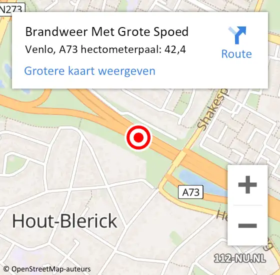 Locatie op kaart van de 112 melding: Brandweer Met Grote Spoed Naar Venlo, A73 hectometerpaal: 42,4 op 22 november 2023 17:26