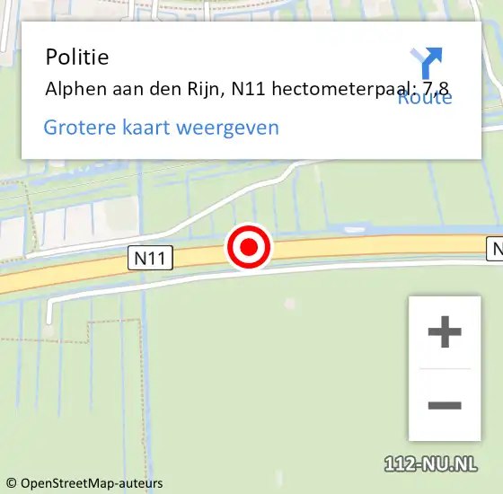 Locatie op kaart van de 112 melding: Politie Alphen aan den Rijn, N11 hectometerpaal: 7,8 op 22 november 2023 17:31