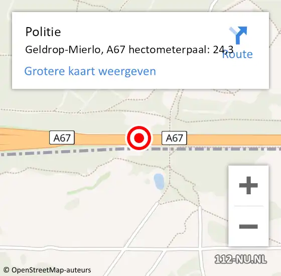 Locatie op kaart van de 112 melding: Politie Geldrop-Mierlo, A67 hectometerpaal: 24,3 op 22 november 2023 18:23