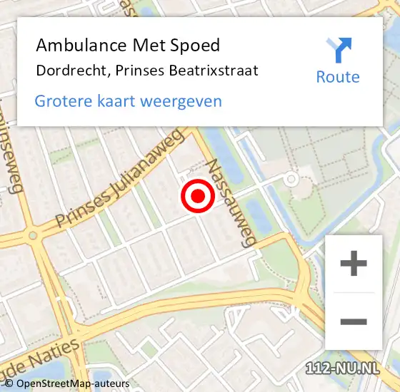Locatie op kaart van de 112 melding: Ambulance Met Spoed Naar Dordrecht, Prinses Beatrixstraat op 22 november 2023 18:34