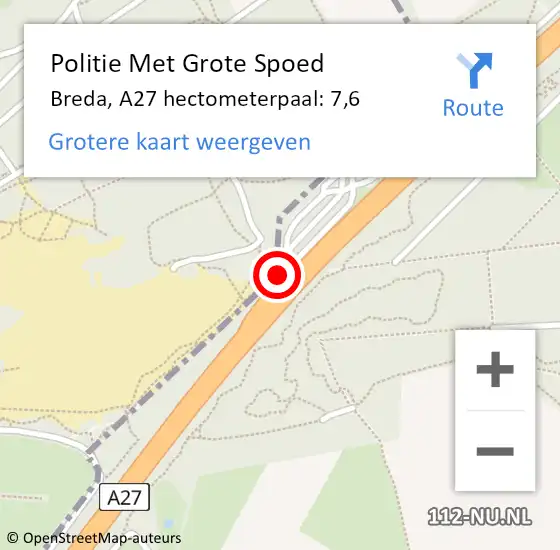 Locatie op kaart van de 112 melding: Politie Met Grote Spoed Naar Breda, A27 hectometerpaal: 7,6 op 22 november 2023 19:01