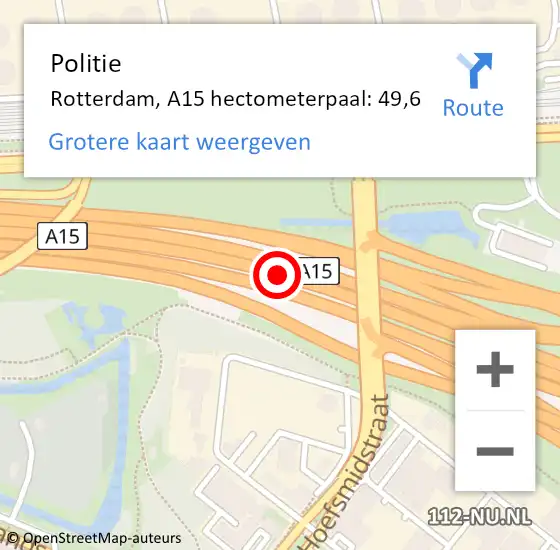 Locatie op kaart van de 112 melding: Politie Rotterdam, A15 hectometerpaal: 49,6 op 22 november 2023 20:00