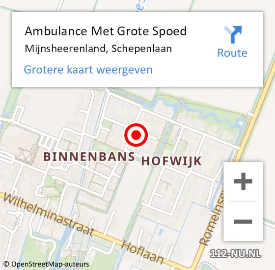 Locatie op kaart van de 112 melding: Ambulance Met Grote Spoed Naar Mijnsheerenland, Schepenlaan op 22 november 2023 23:19