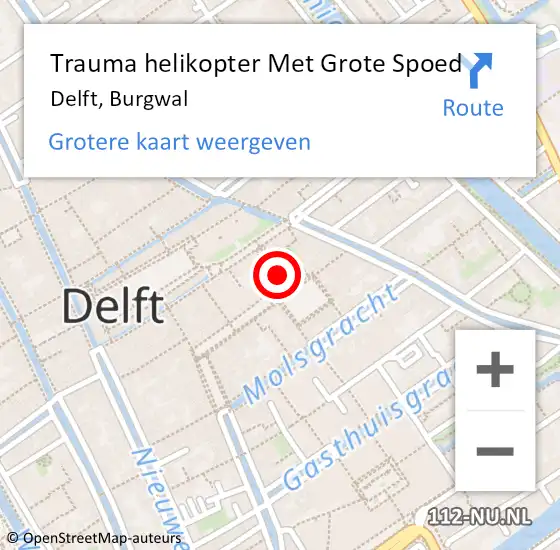 Locatie op kaart van de 112 melding: Trauma helikopter Met Grote Spoed Naar Delft, Burgwal op 23 november 2023 02:02