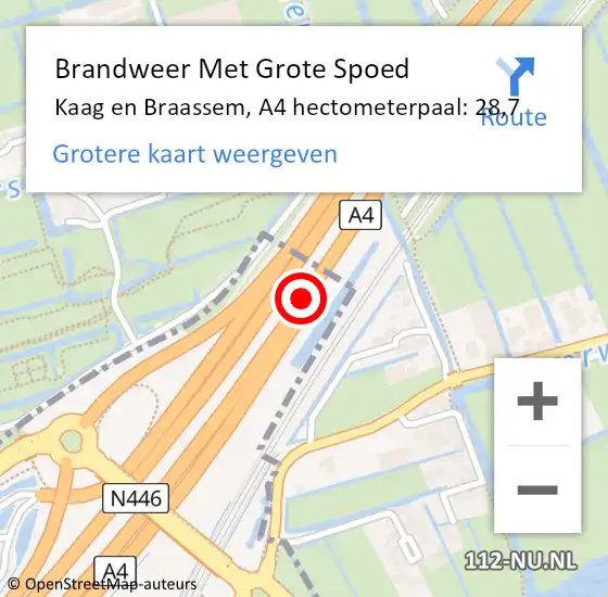 Locatie op kaart van de 112 melding: Brandweer Met Grote Spoed Naar Kaag en Braassem, A4 hectometerpaal: 28,7 op 23 november 2023 03:35