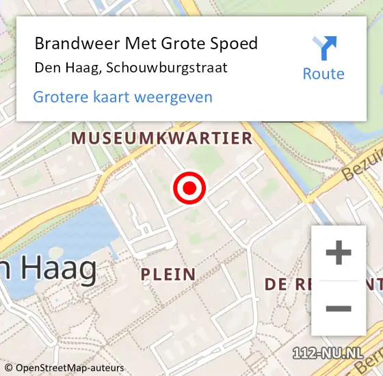 Locatie op kaart van de 112 melding: Brandweer Met Grote Spoed Naar Den Haag, Schouwburgstraat op 23 november 2023 12:32