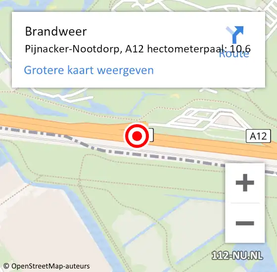 Locatie op kaart van de 112 melding: Brandweer Pijnacker-Nootdorp, A12 hectometerpaal: 10,6 op 23 november 2023 14:31